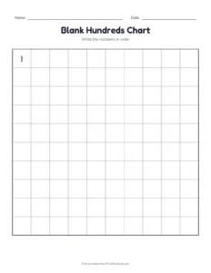 Blank hundreds chart printable worksheet for kindergarten and grade 1