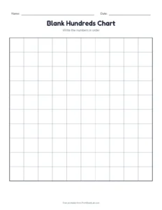 Blank hundreds chart, no clues printable worksheet for grade 1