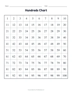 Hundreds chart 1 to 100, black and white printable worksheet for kindergarten and grade 1