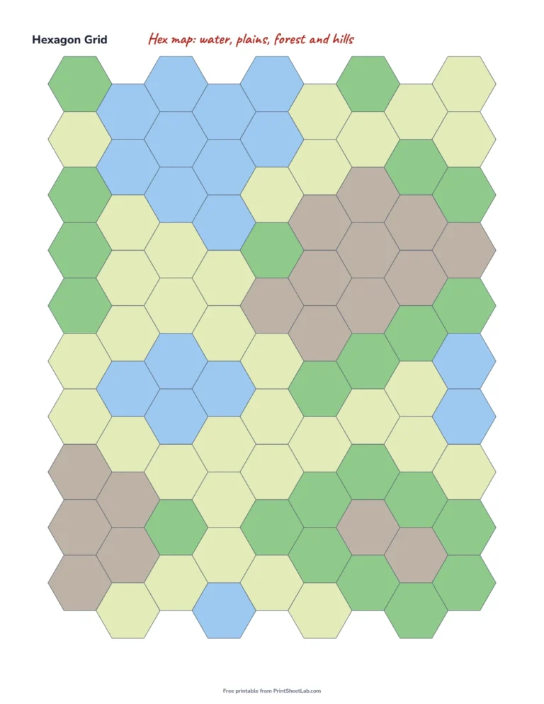 Hex map paper colored in with water, plains, forest and hills for a game map