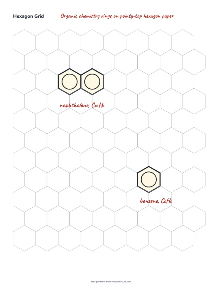 Hexagon paper with benzene and naphthalene rings drawn for organic chemistry