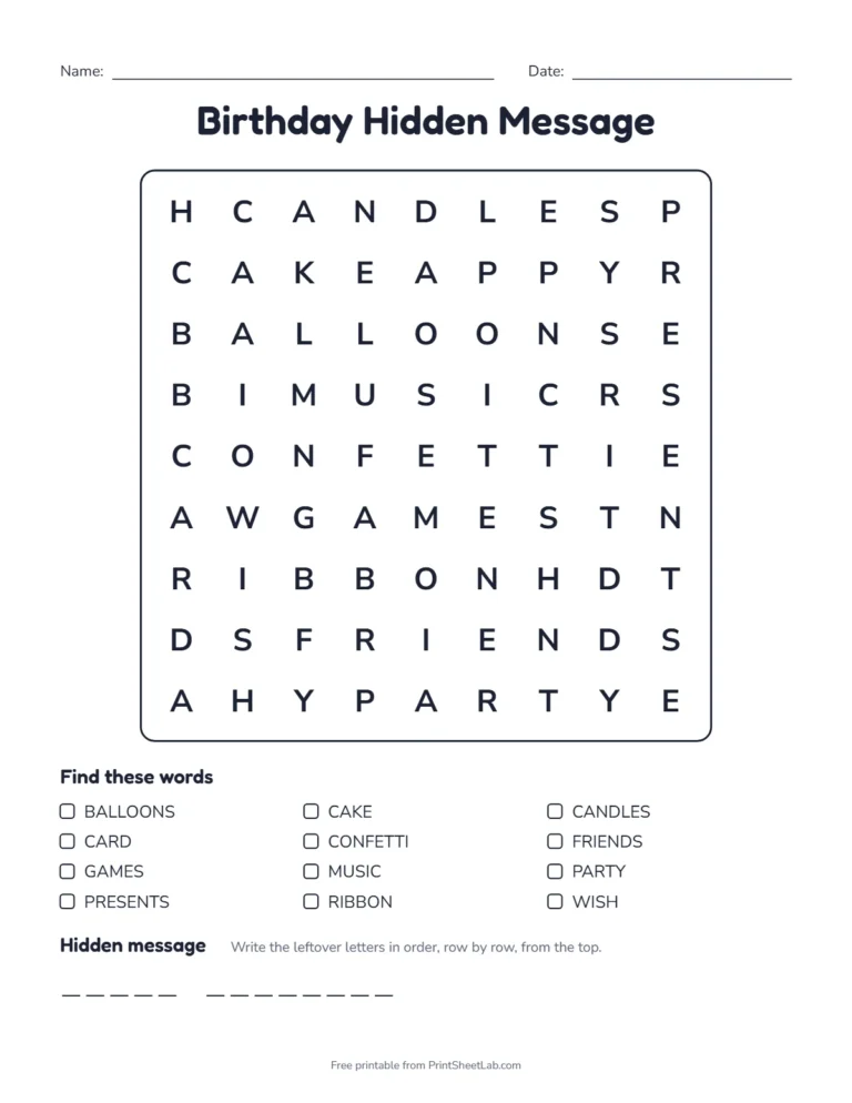Birthday word search with hidden message Happy Birthday
