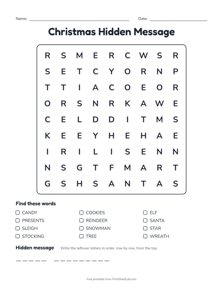 Christmas hidden message word search with a Merry Christmas secret message