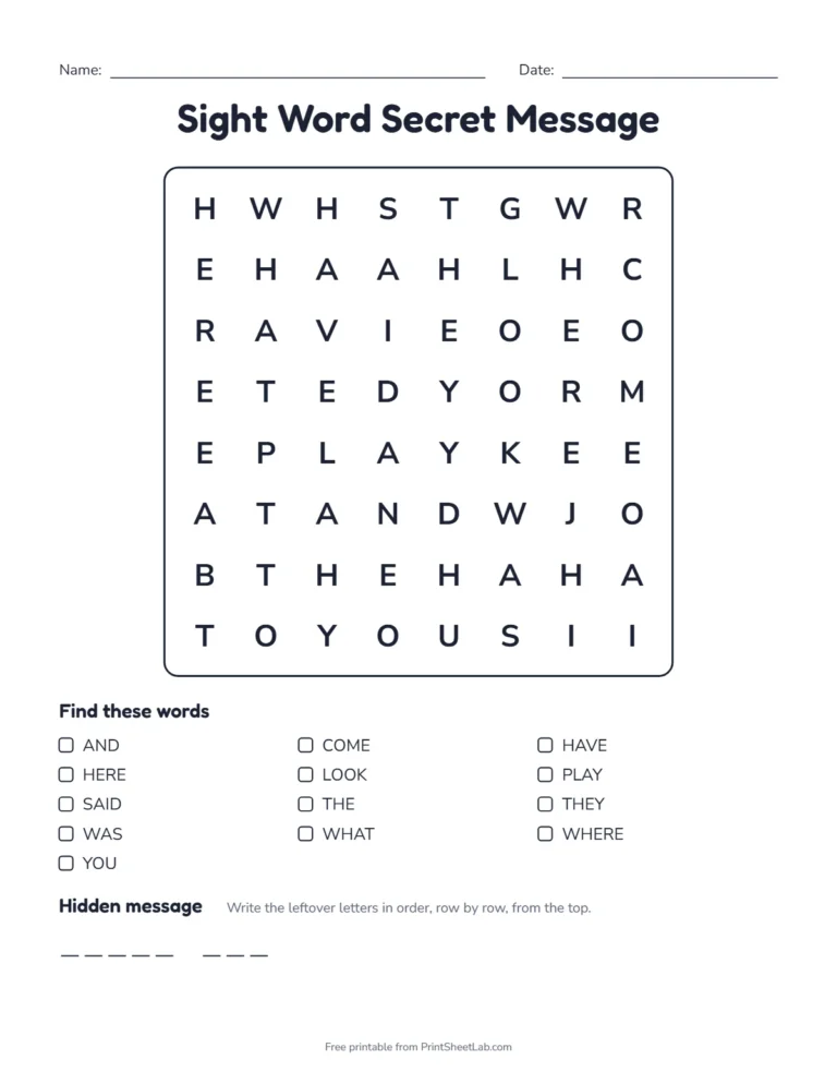 Sight word word search with a hidden message for kids