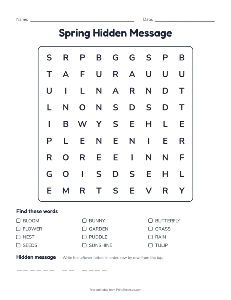 Spring word search with hidden message, easy 12 by 12 grid