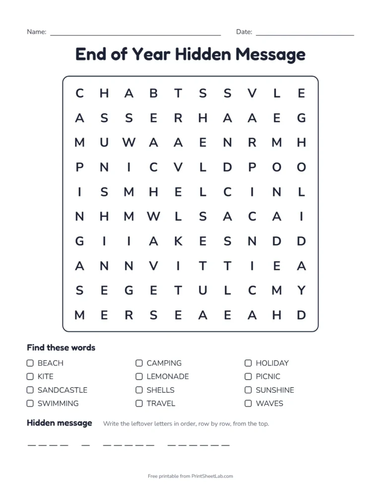 End of year word search with hidden message Have a Great Summer
