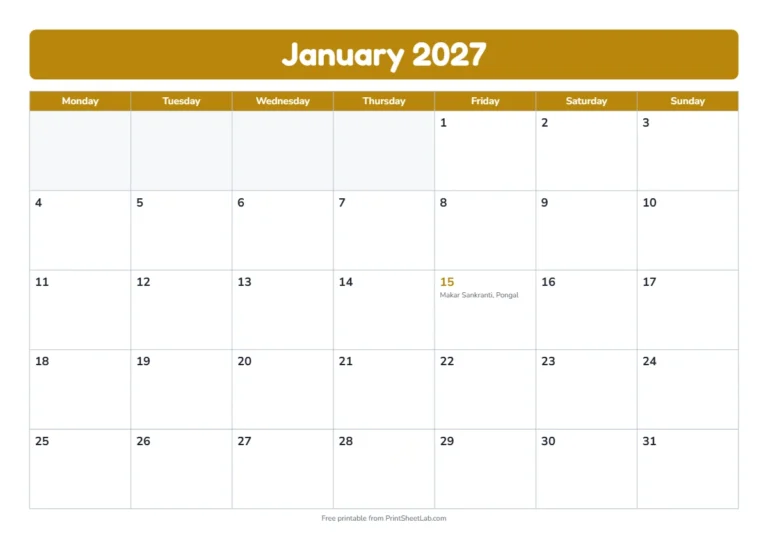 Hindu calendar 2027 printable with 12 months