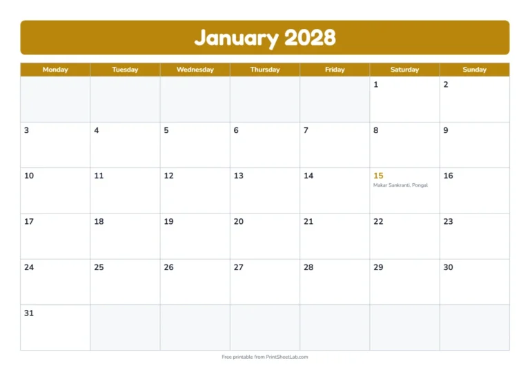 Hindu calendar 2028 printable with 12 months