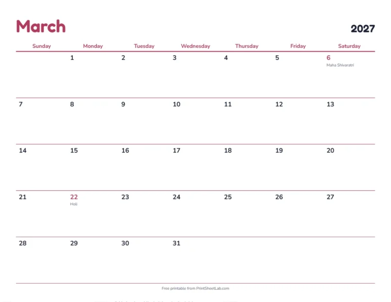 March 2027 calendar with Holi 2027 on March 22
