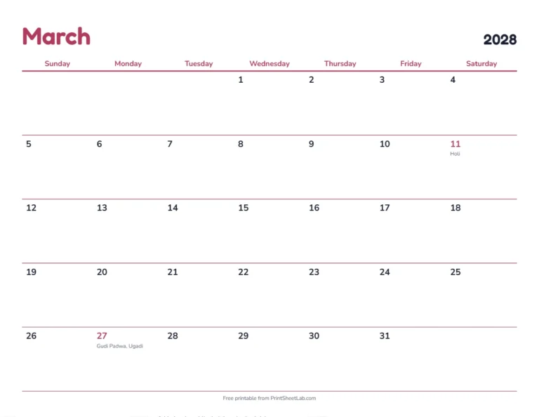March 2028 calendar with Holi 2028 on March 11