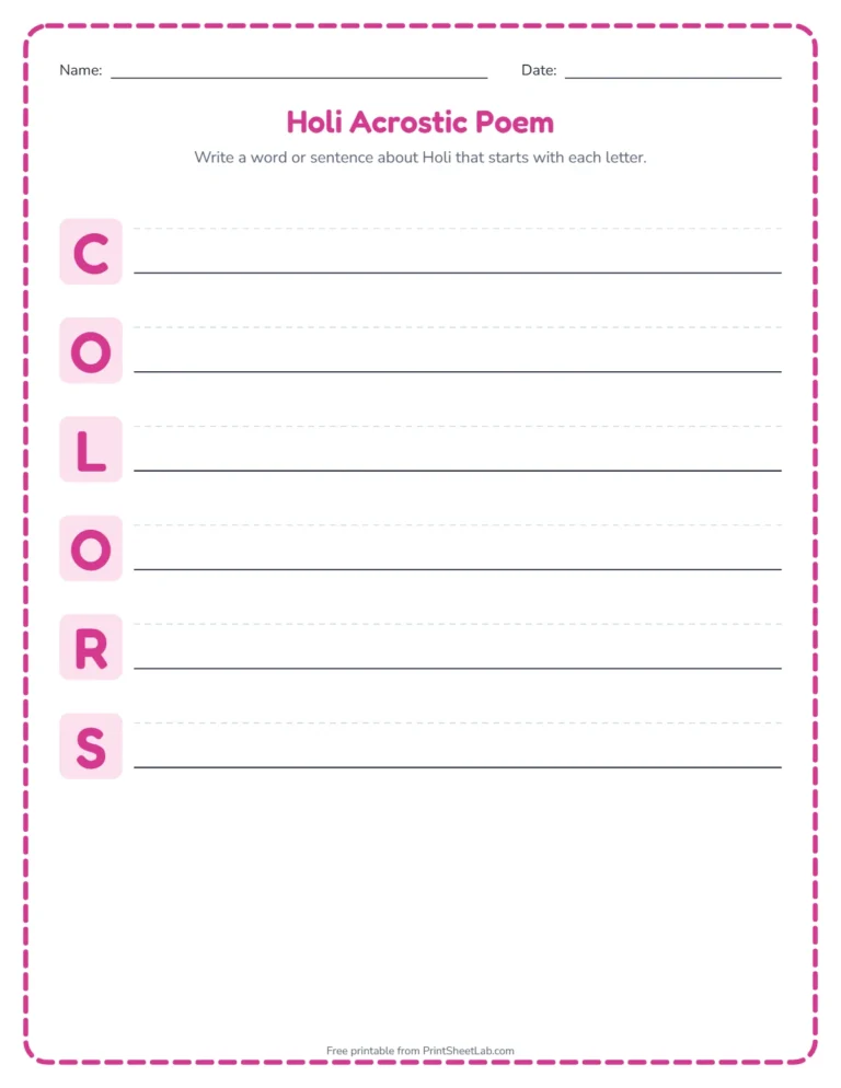 Holi acrostic poem worksheet: write a word for each letter of COLORS
