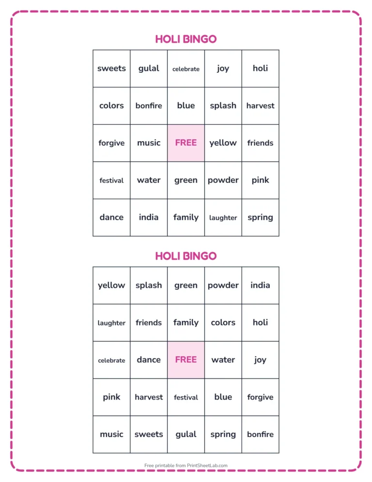 Holi bingo printable: two different bingo cards with Holi words