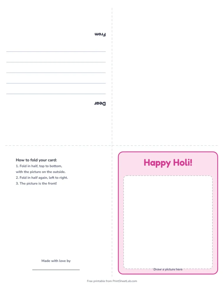 Holi card printable: a fold-up greeting card that says Happy Holi!