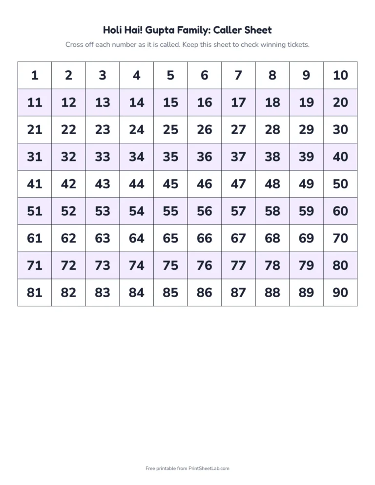 Holi tambola caller sheet: a 1 to 90 number grid to cross off as you call