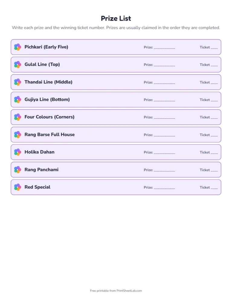 Holi tambola prize list with themed prize names and space for winners
