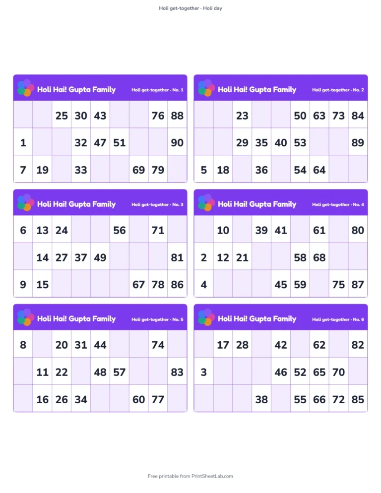 Holi tambola: printable tickets titled Holi Hai! Gupta Family