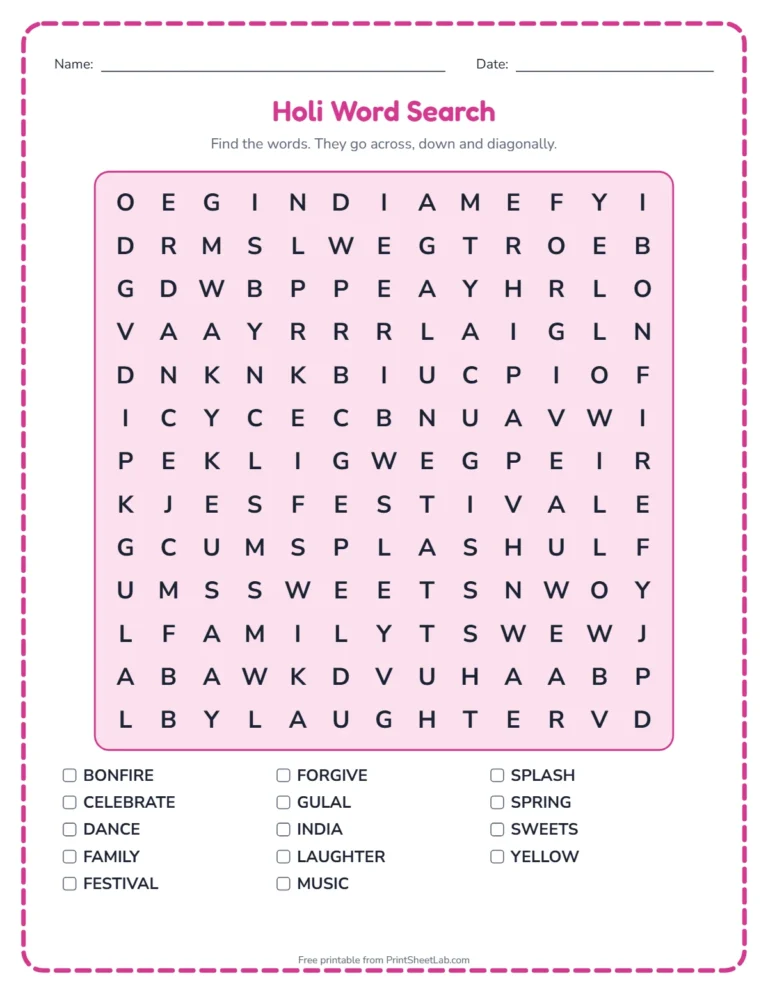 Holi activities for kids: word search printable with Holi words and a word list