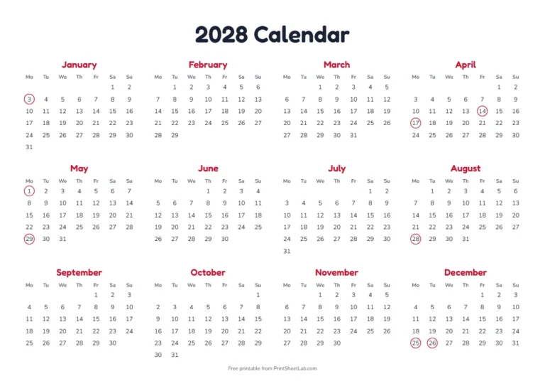 Holiday calendar 2028 with UK bank holidays marked