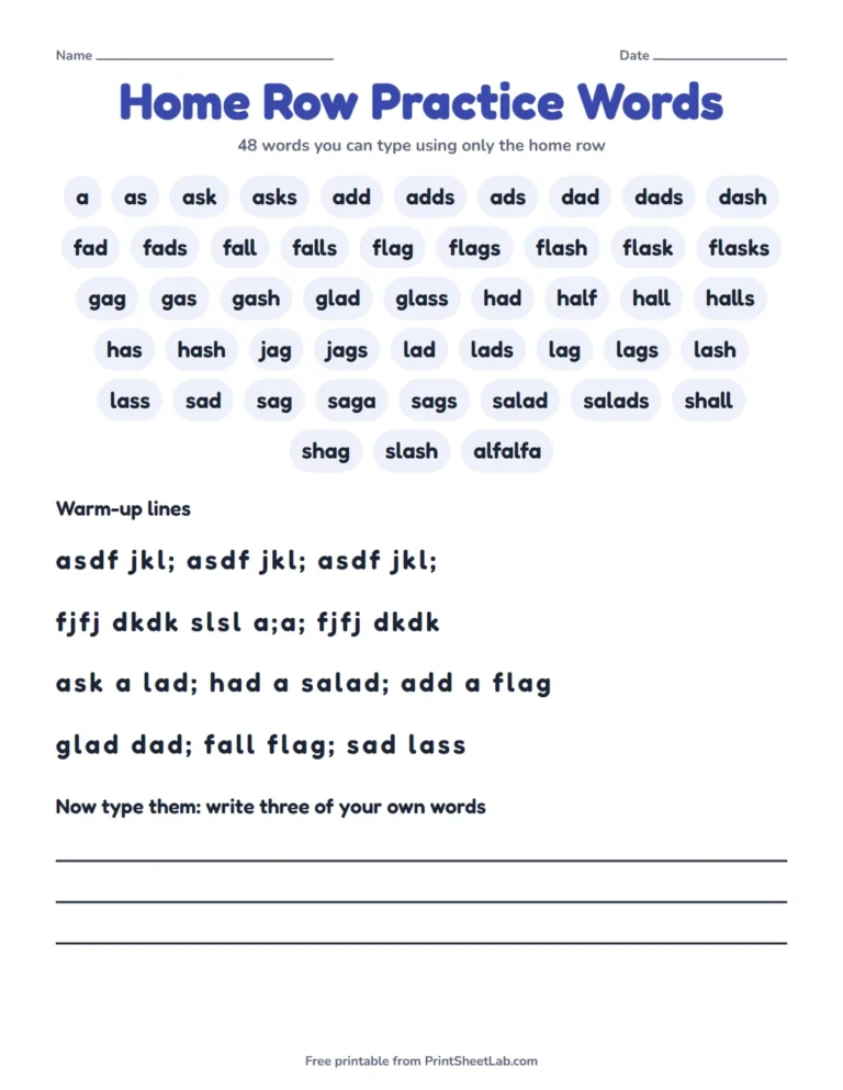 Home row typing practice words printable: words you can type using only the home row