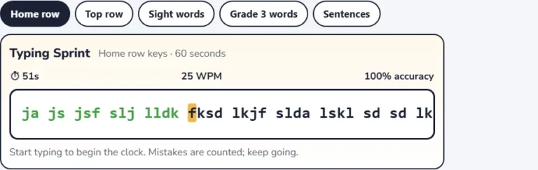 Typing practice for kids: the home row typing test in progress with words per minute and accuracy