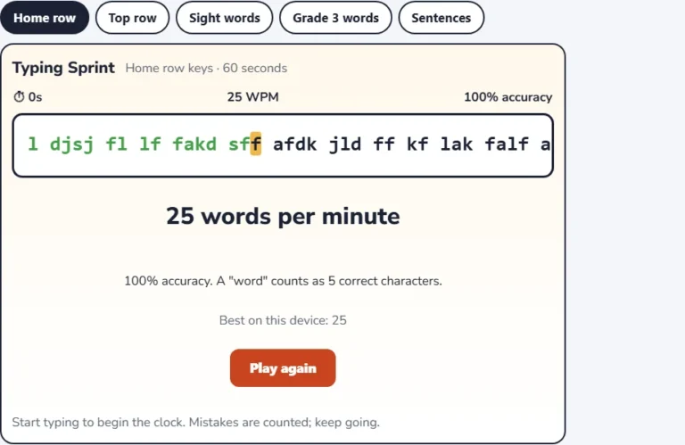 Typing test for kids results screen showing words per minute and accuracy