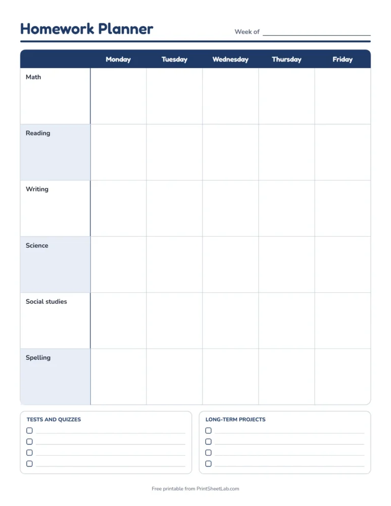 Homework planner printable with subjects by school day in navy