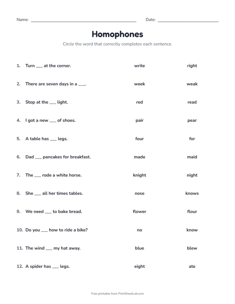 Homophones worksheet for grades 1 and 2: circle the right word to finish each sentence