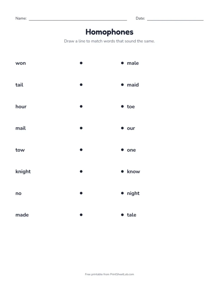 Match the homophones worksheet for grades 1 and 2