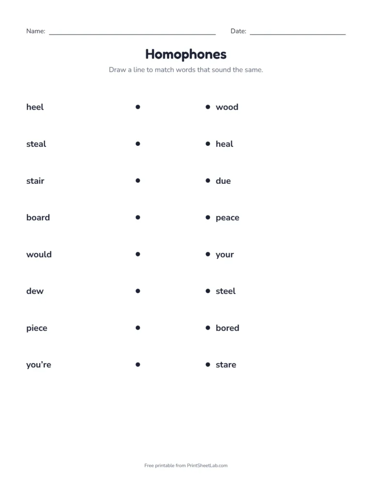 Match the homophones worksheet for grades 3 and 4