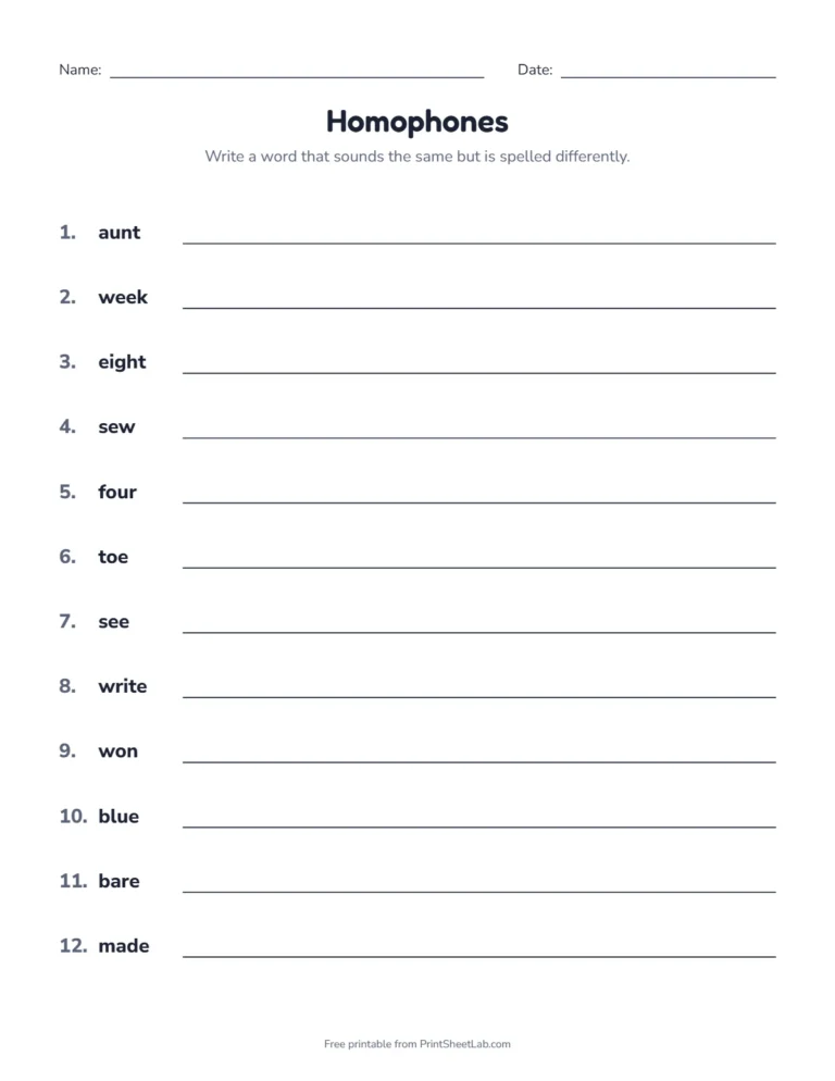 Write the homophone worksheet for grades 1 and 2