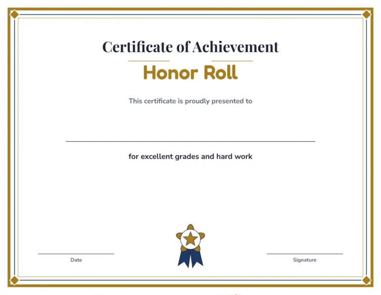 Honor roll certificate of achievement with a formal gold border