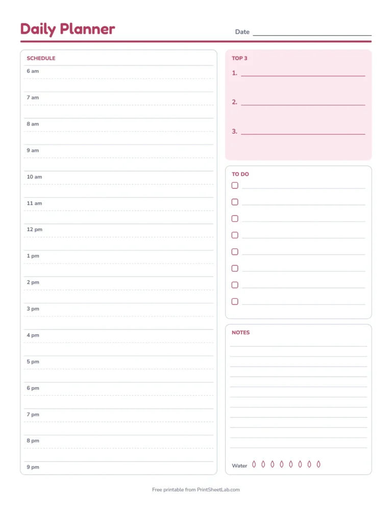 Hourly planner printable with half-hour lines in rose