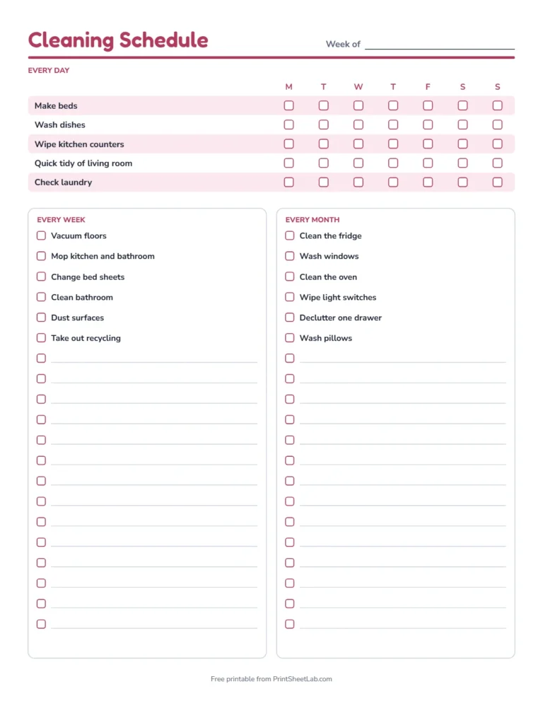 House cleaning schedule with daily, weekly and monthly jobs in rose