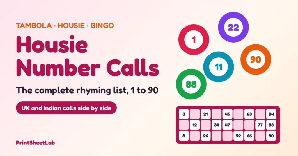 Housie number calls cover with numbered balls, a tambola ticket and the title the complete rhyming list 1 to 90
