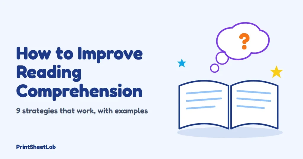 How to improve reading comprehension cover with an open book, a thought bubble and a question mark