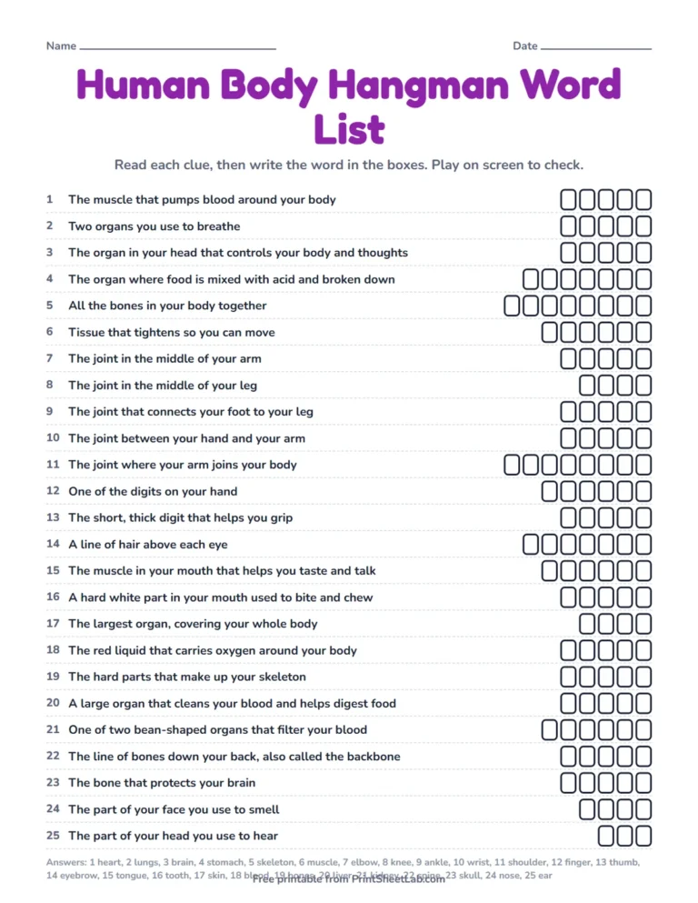 Human body word game printable: human body hangman word list with clues and empty letter boxes
