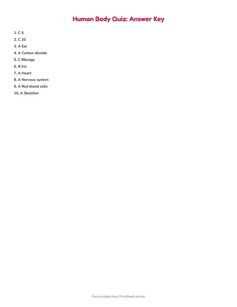 Human body quiz answer key with every answer
