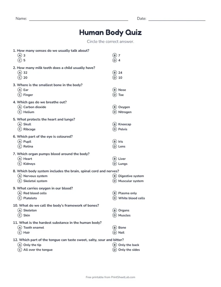 Human body quiz sheet in black and white with 20 questions
