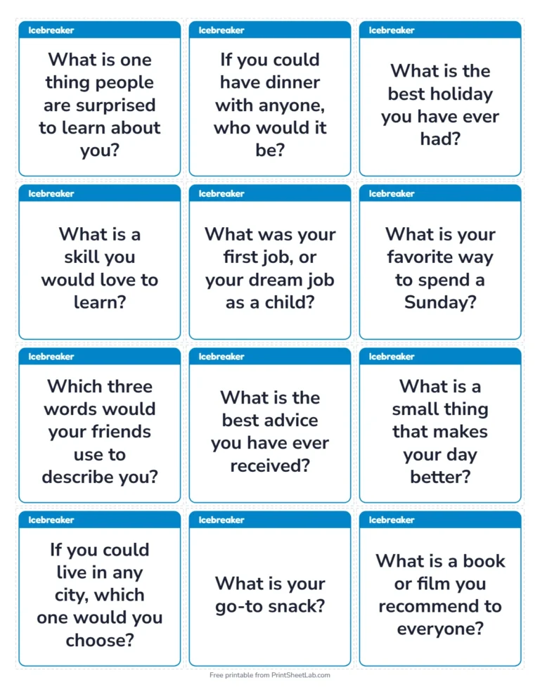 Icebreaker questions: printable cards, 12 on a page