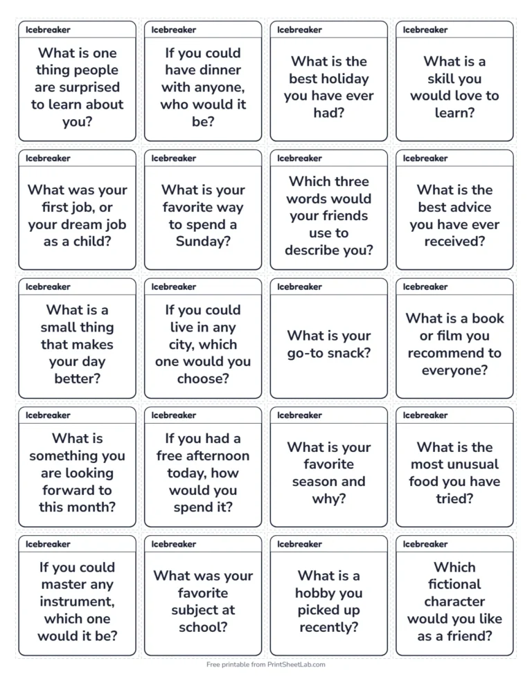 Icebreaker questions small cards in black and white, 20 on a page