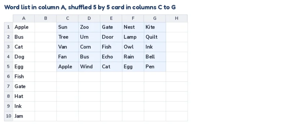 Bingo card template Excel layout: a word list in column A and a shuffled five by five card beside it
