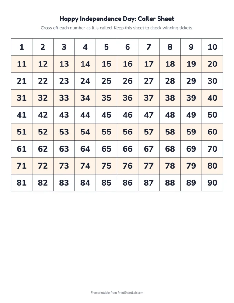 Independence Day tambola caller sheet: a 1 to 90 number grid to cross off as you call