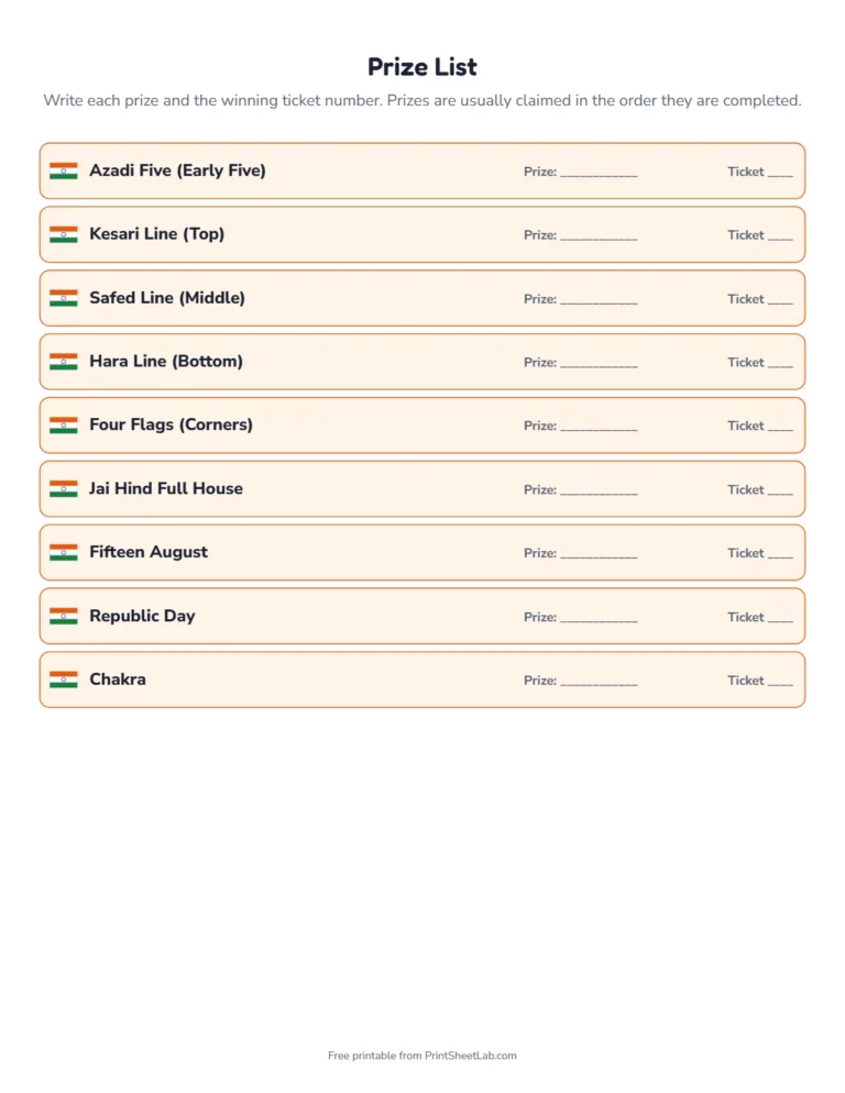 Independence Day tambola prize list with themed prize names and space for winners