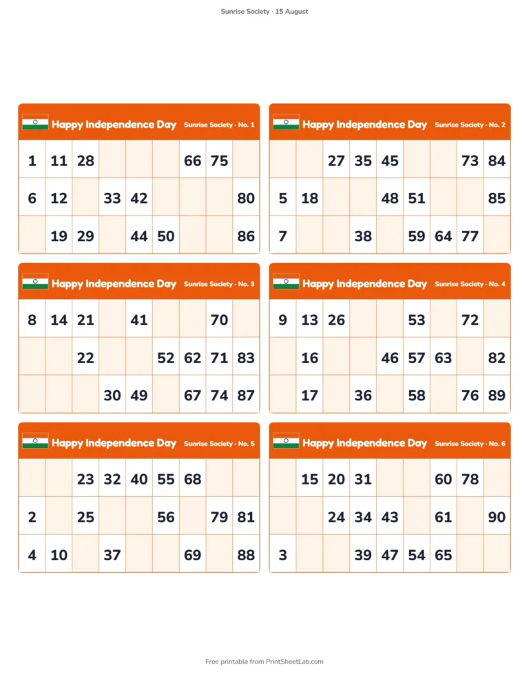 Independence day tambola: printable tickets titled Happy Independence Day