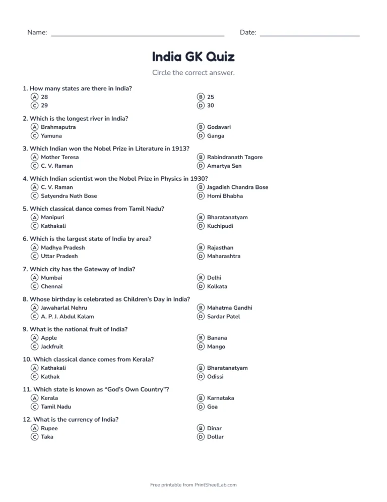 India GK quiz sheet in black and white with 20 questions