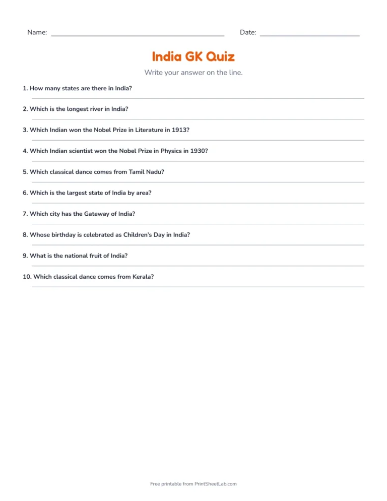 India GK quiz write-in sheet with lines for the answers