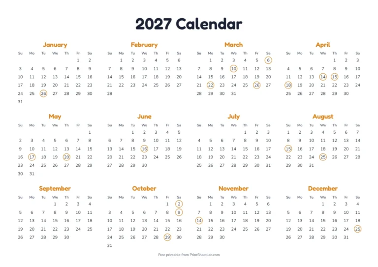 India holidays 2027 calendar: year at a glance with the gazetted holidays marked