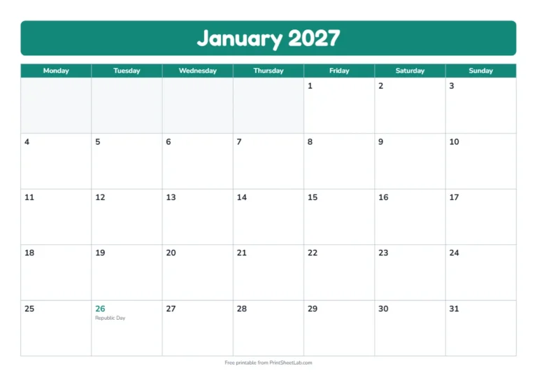 Indian holidays 2027 printable calendar with 12 months