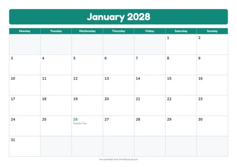 Indian holidays 2028 printable calendar with 12 months