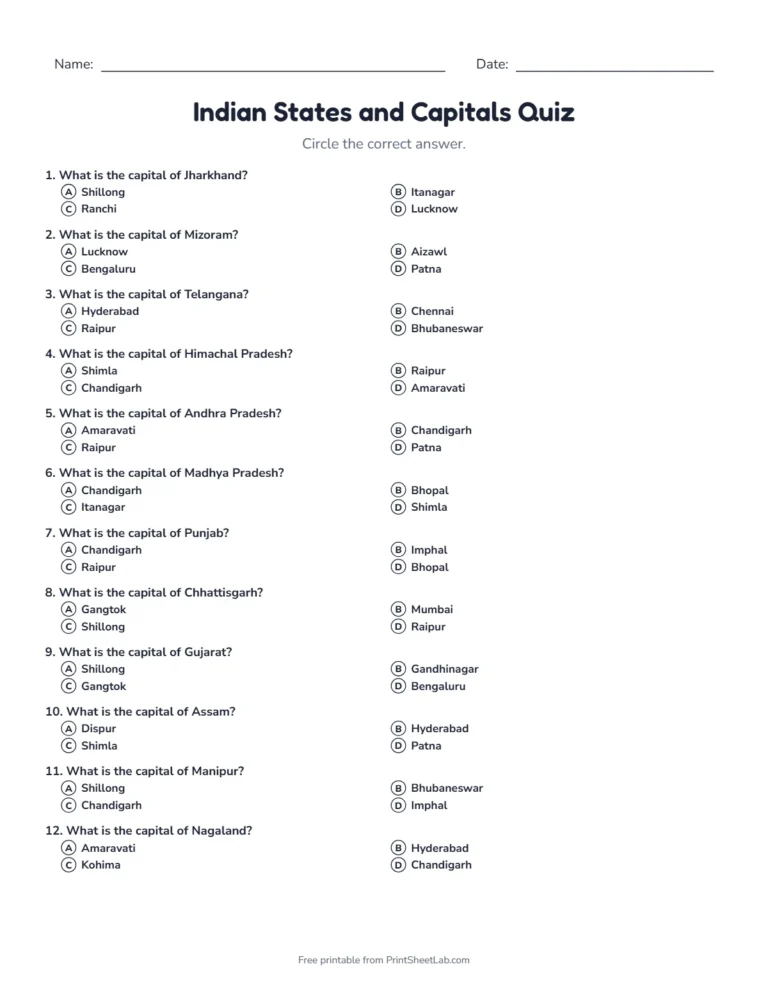 Indian states and capitals quiz sheet in black and white with 20 questions